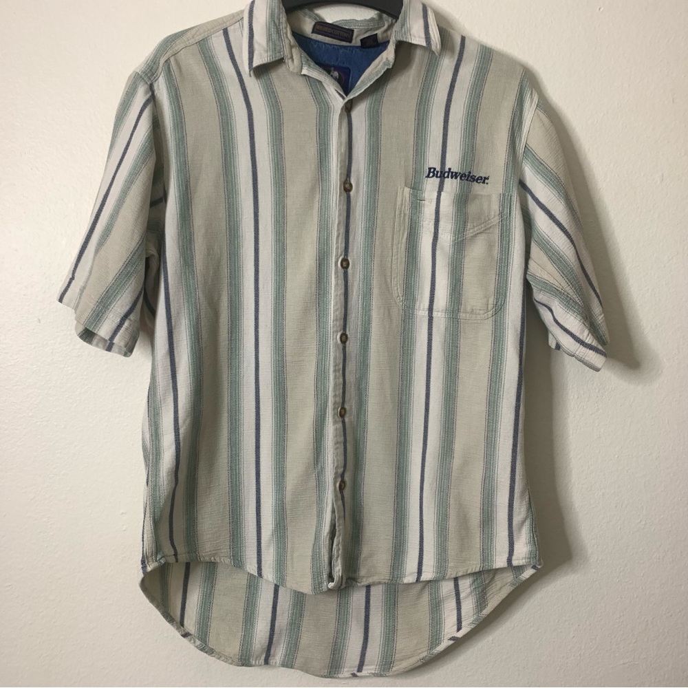 Vintage Sero Budweiser Medium Beige Stripe Short Sleeve Button Down